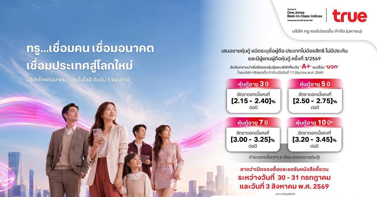 หุ้นกู้ทรูเรทติ้ง A+ เปิดทางเลือกลงทุน ดอกเบี้ยสูงสุด 3.45%